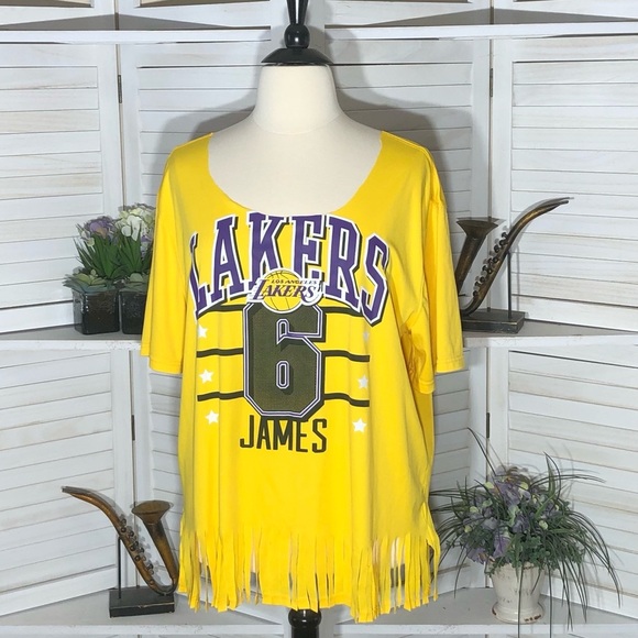 NBA Tops - Upcycled LeBron James Lakers # 6 NBA yellow purple short sleeves shirt sz XXL